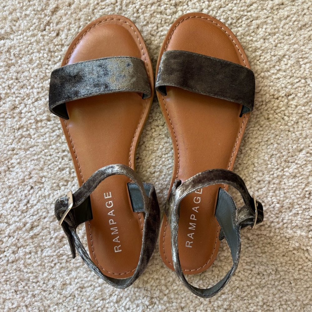 Rampage Olive Green Velvet Flat Sandals - Minimalist Ankle Strap - Size 7.5